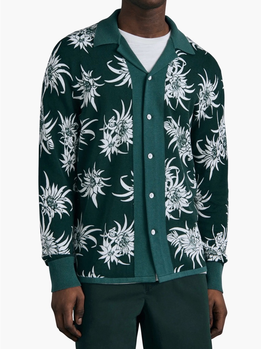RAG & BONE Men's Lorne Floral Leaves Green Knit Button-Up Camp Cardigan Sz Lg